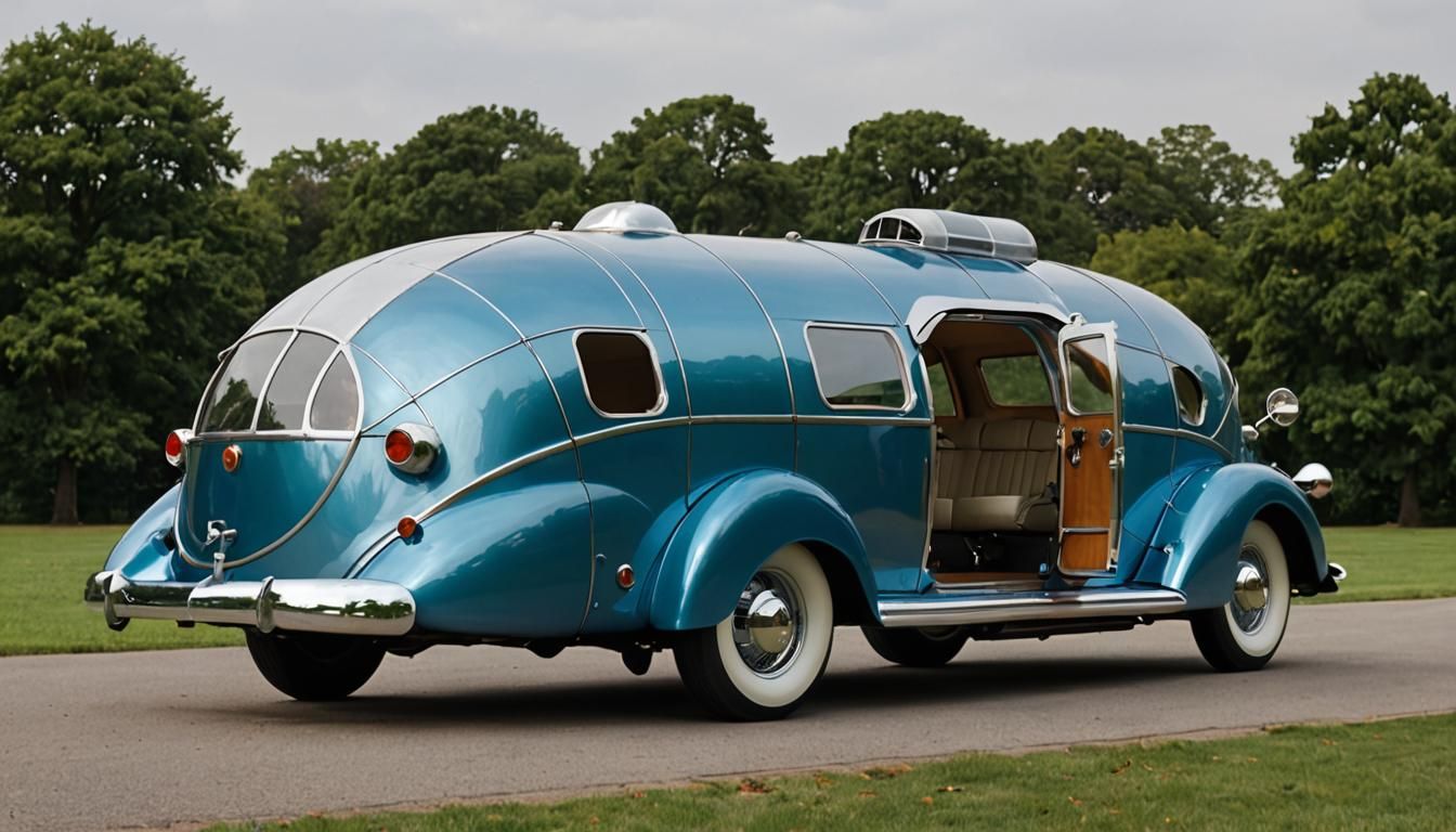 Rear 3/4 side view of Buckminster Fuller’s 1933 Dymaxion car in a mid blue anodized and polished aluminum. The car has a tail fin which star...