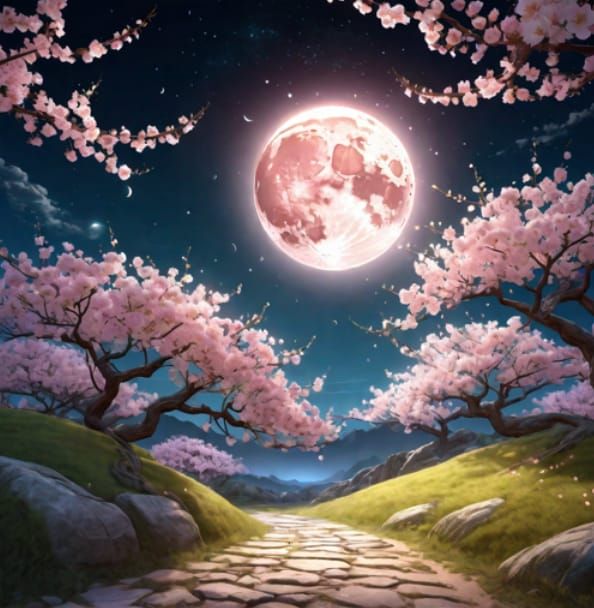 Cherry Blossom Moon Landscape