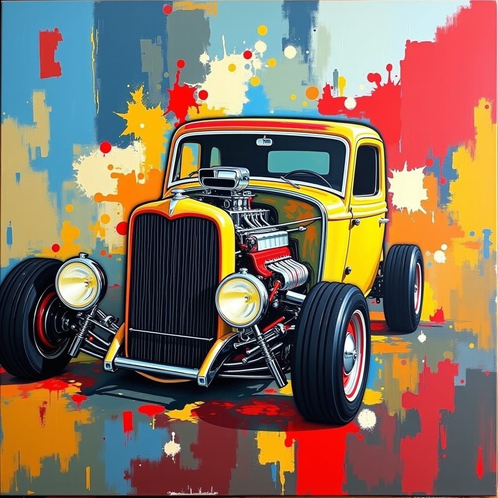 <lora:Modern Absrakt:1.0> Original abstract art painting, Abstract art painting, "1932 HOTROD COUPE" Modern painting.