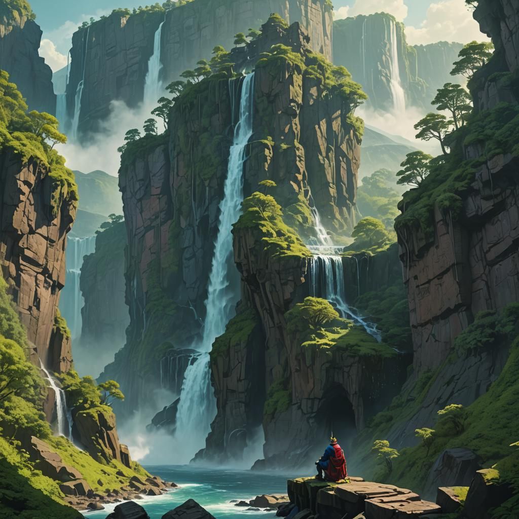 Majestic King Overlooking Waterfall in Lush Landscape