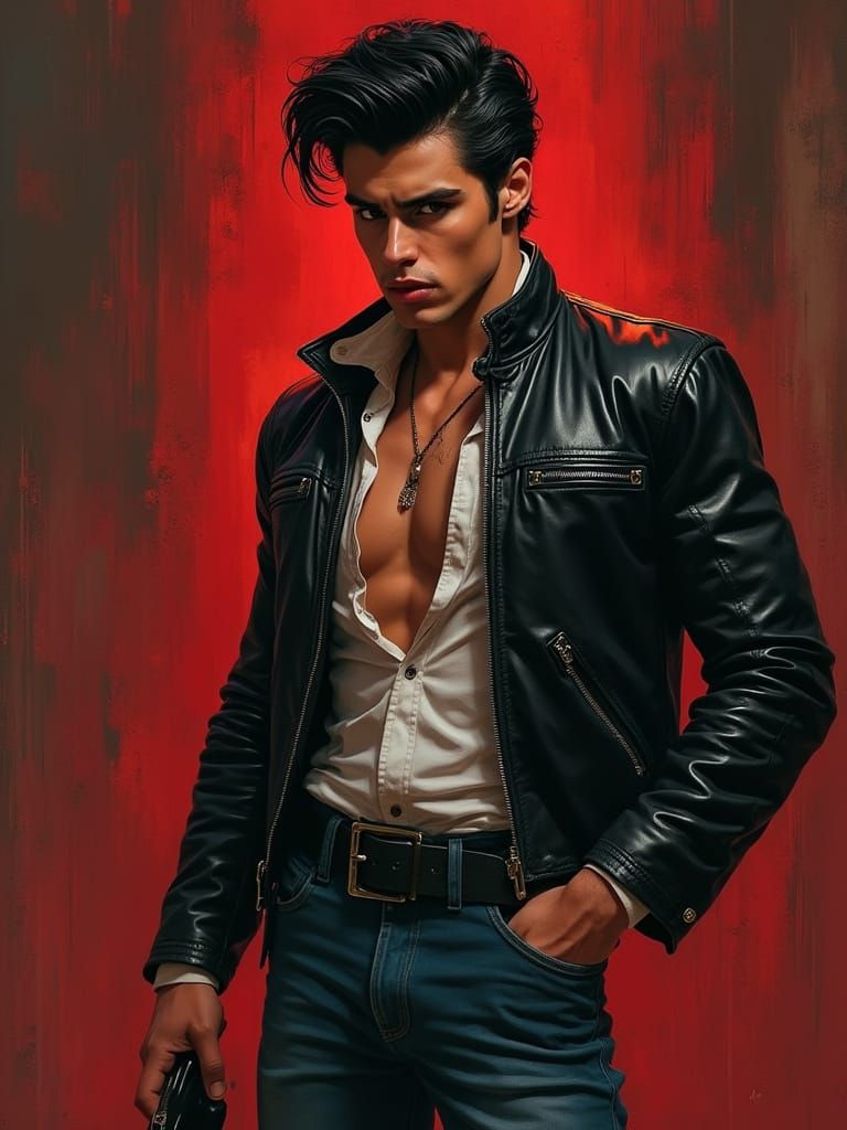 Fifties arsthetic. A greaser in a leather jacket and cuffed jeans.Byzantine alcohol oil painting of a ...  by @Edana