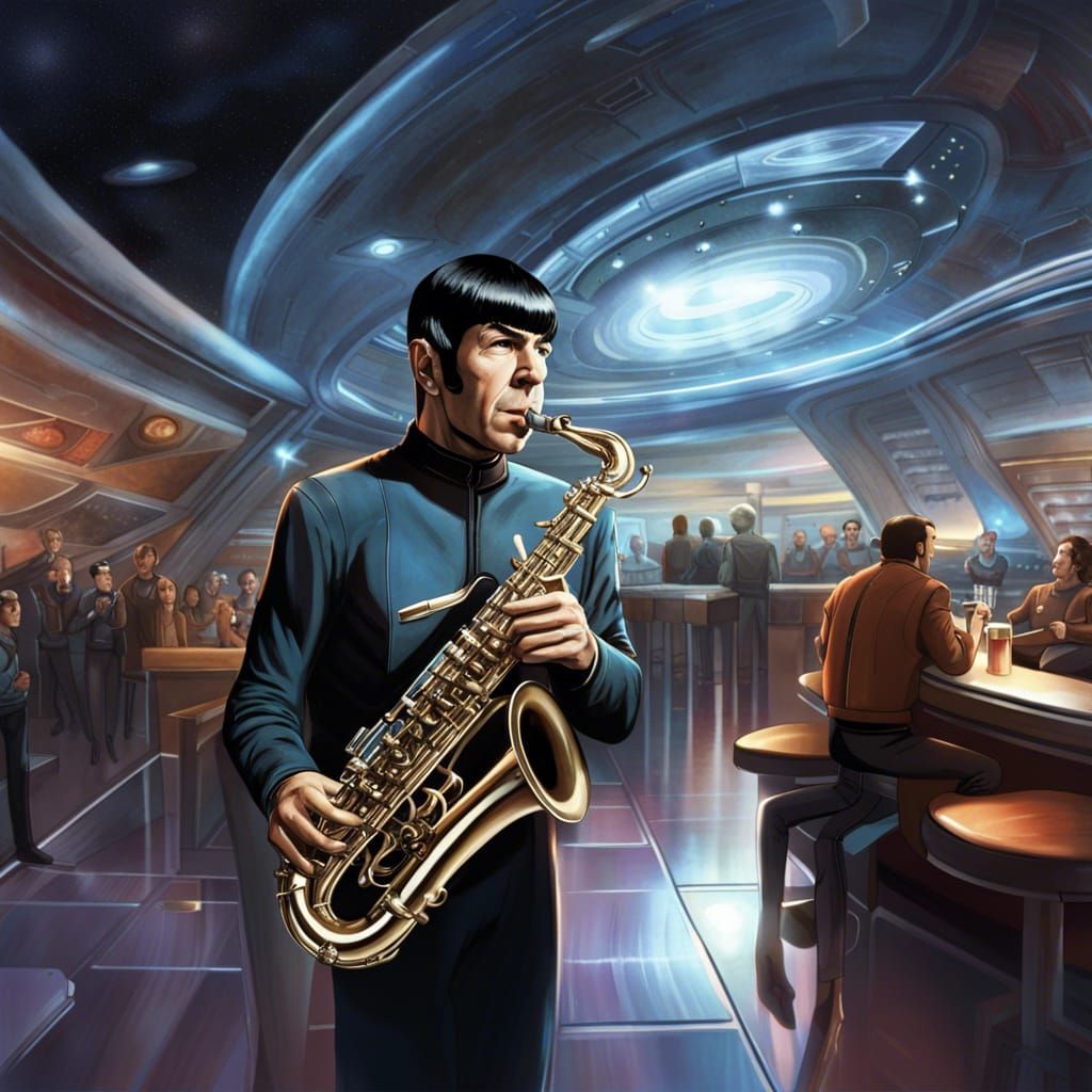 Mr. Spock playing the saxophone  by @Totally4Ryo