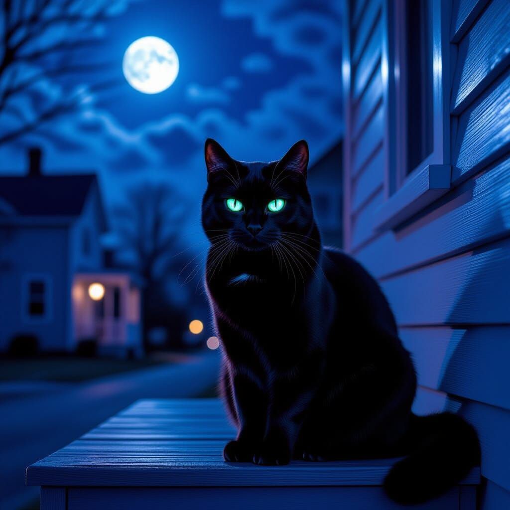 vivid color,
Realistic,
Photo quality,
16k,
surreal, 

Night with moonlight,
A large muscular cat sitting on, 
front porch, guarding his hum...
