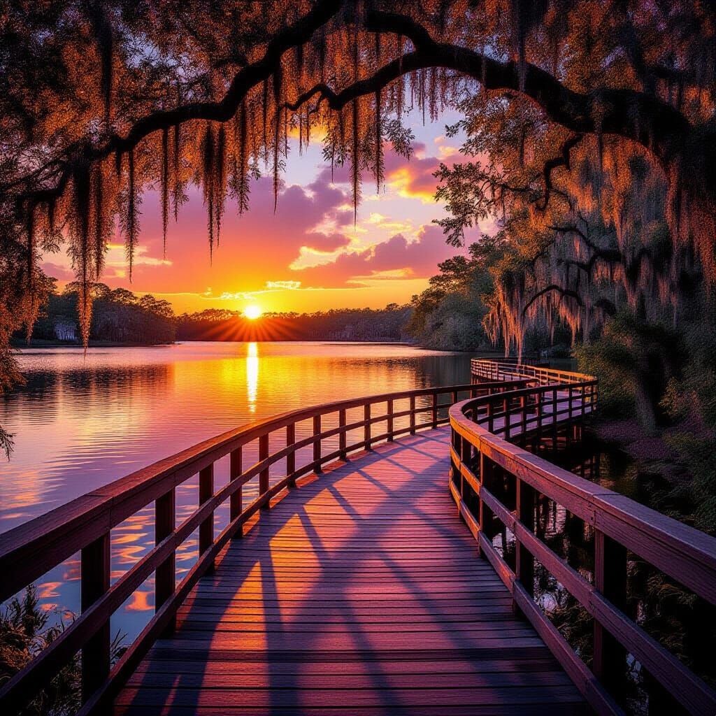 A tranquil wooden boardwalk curving along a still lake at sunset, vibrant colors of orange, pink, and ...  by @Mike