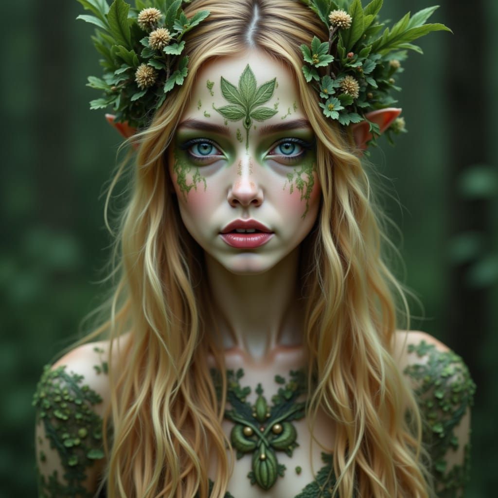 <lora:FaceWorx:1.0>blond blue eyes FaceWorx: Celtic Grove-Seer makeup