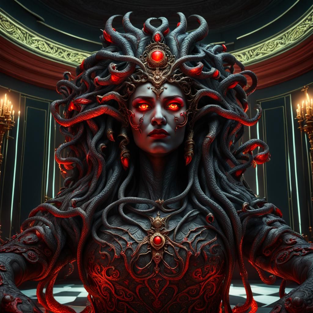 Photorealistic head and shoulder portrait of a majestic evil medusa ...