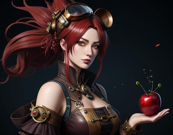 anime steampunk woman holding oversized cherries