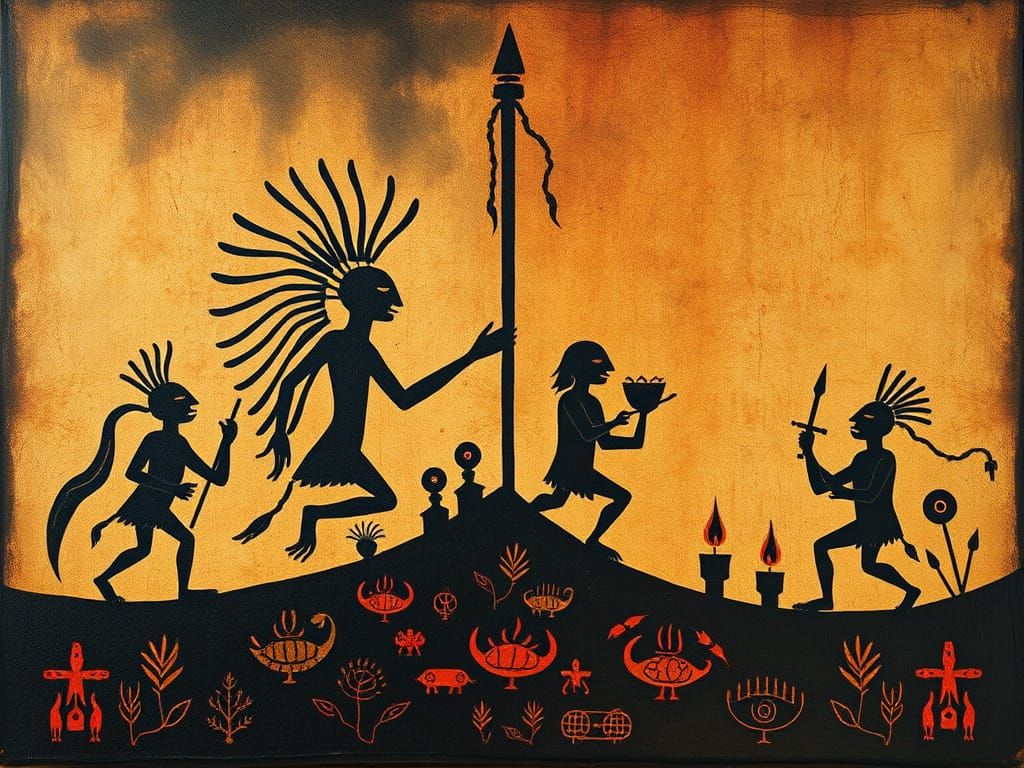 tribal artwork, primitivism, symbolic, representing a world of peace love and happiness forever at war ...  by @Mozauch-hua the clown