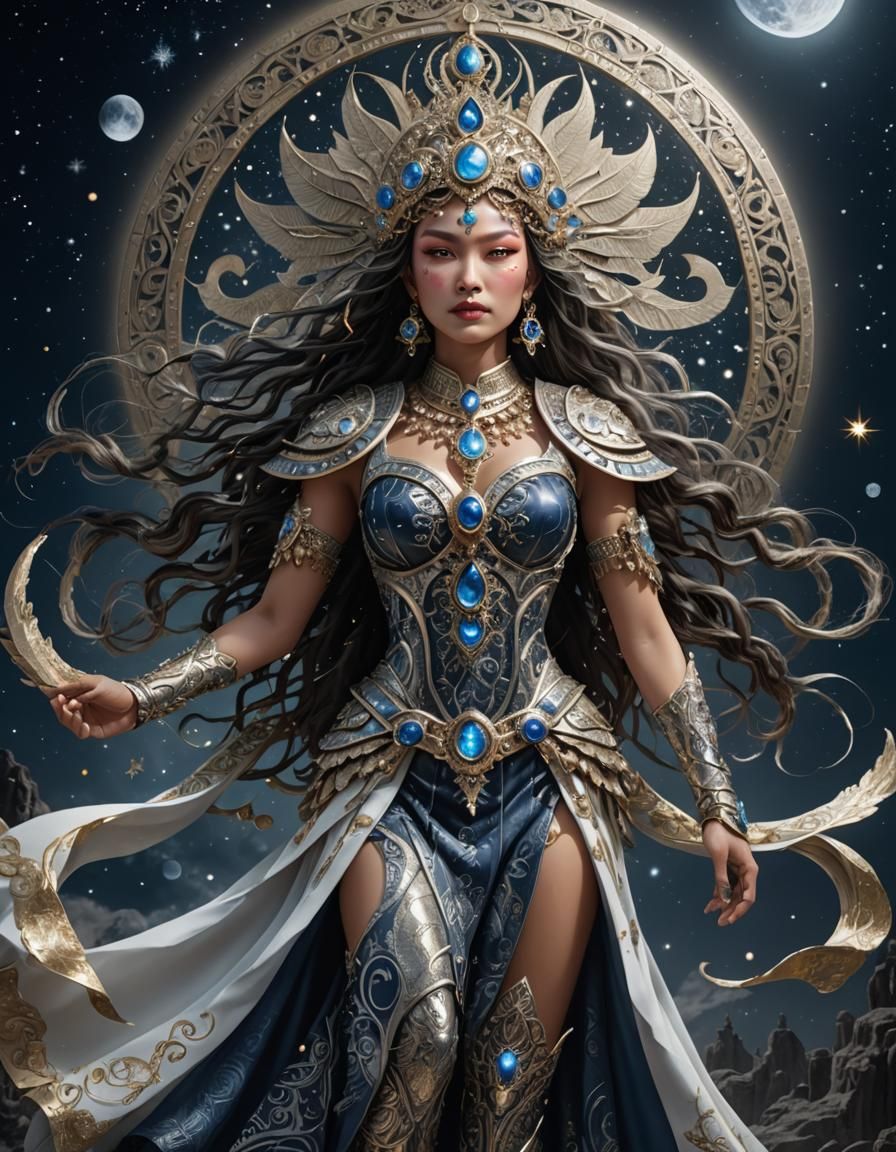 Full body detailed action portrait of a moon  goddess, UHD, ...