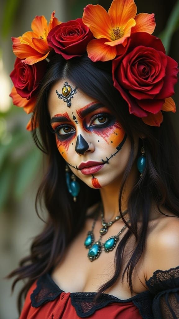 Medium shot of a beautiful woman wearing colorful Día de los Muertos face paint. <lora:Caffeine Critters:1.0>