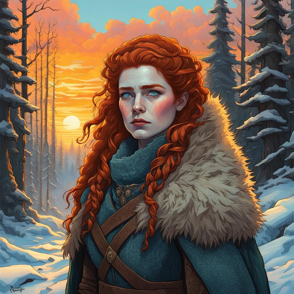 waist-up portrait of Ygritte from Game of Thrones wearing furskin clothes, redhead  ginger, blue eyes, wildling. detailed background of a fro... - AI Generated  Artwork - NightCafe Creator