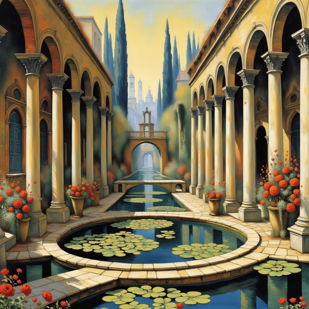 {<lora:SOS ALL EPOCHY EPOCH:1.0> CLOSE-UP, ROMAN-GOTHIC-BAROQUE-CULUMNS-RUIN, ALONG GIANT-LILYPAD-IVY-FLOWER-GIANT-ROSE-GARDEN-SURROUND-STON...