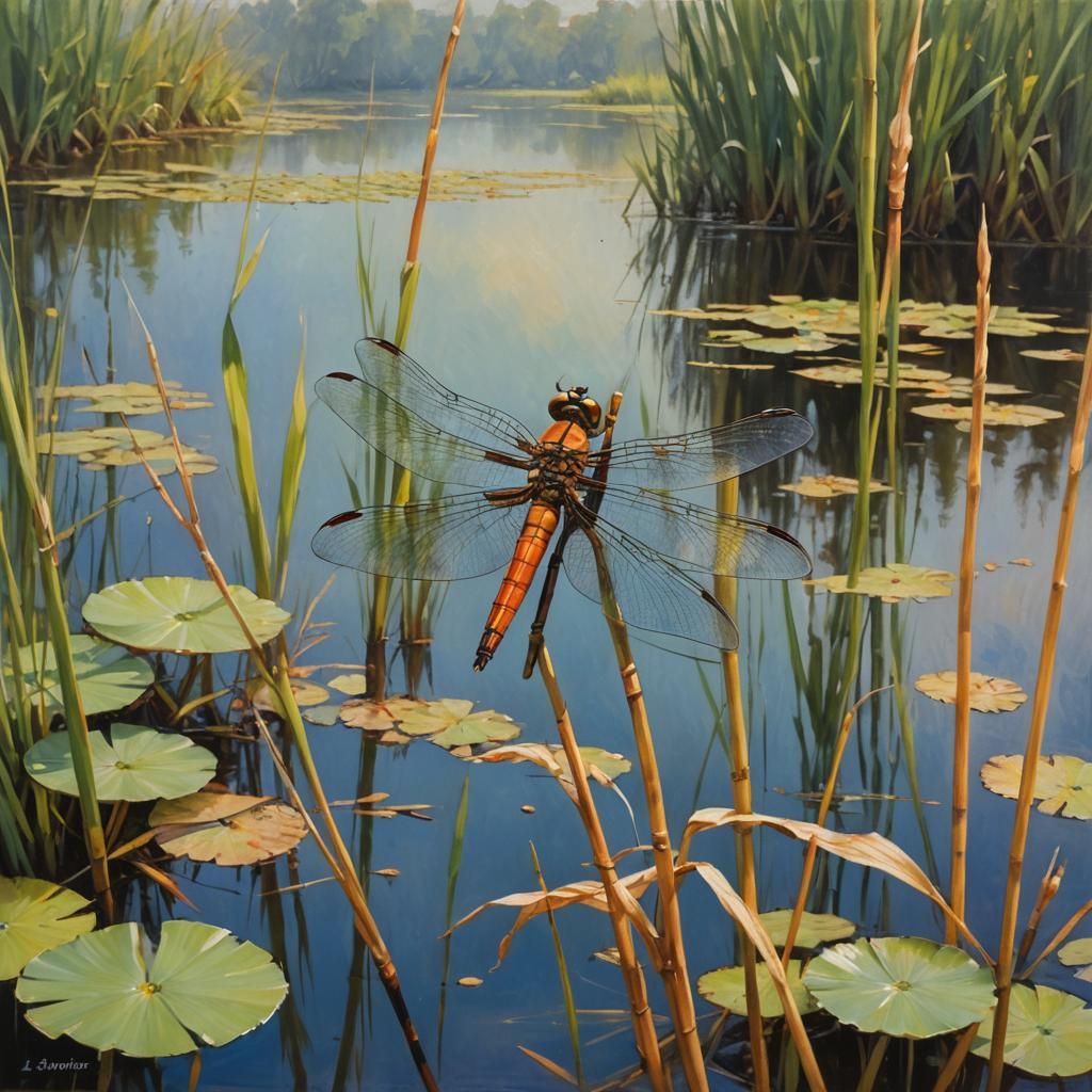 A dragonfly on a reed at a pond