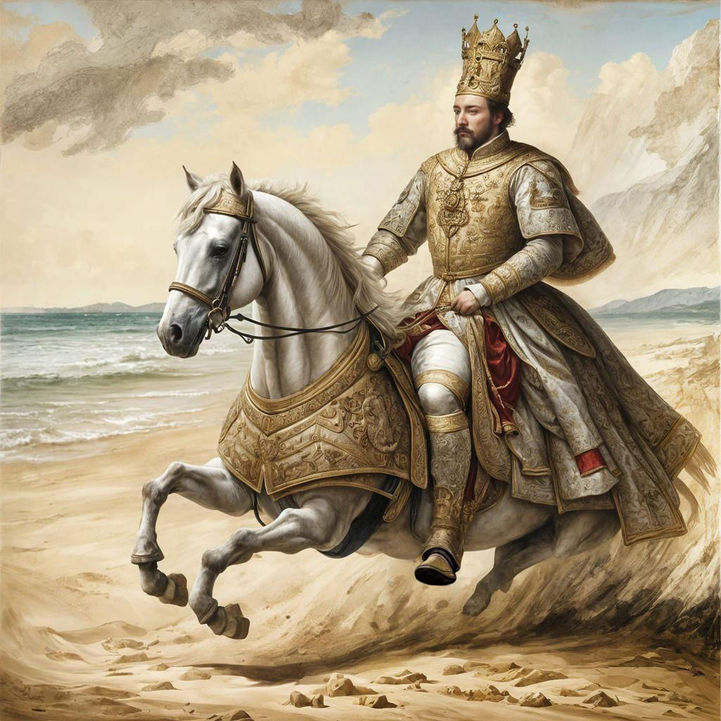 A 17th-century king in full royal attire, riding a white hor...