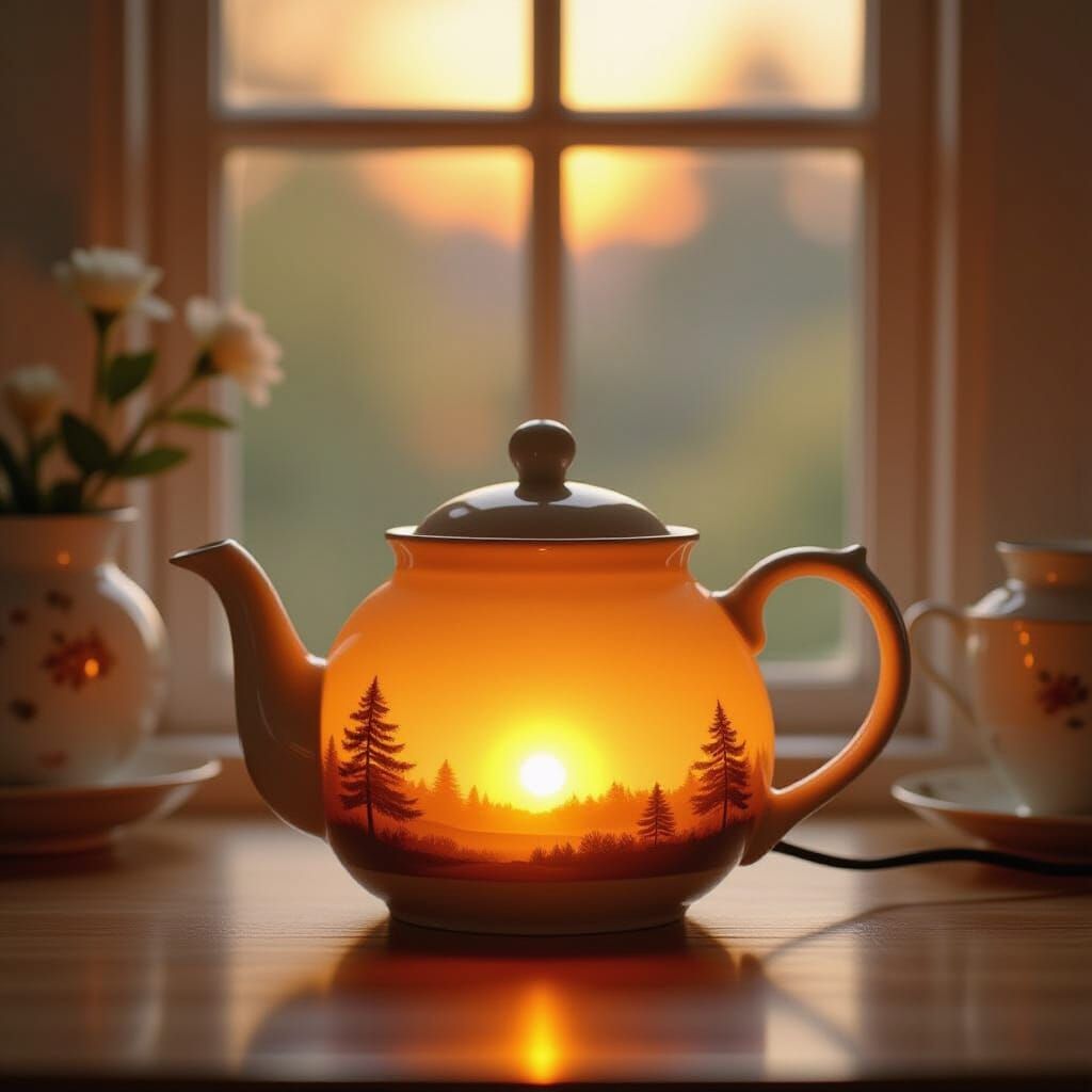 Ceramic Teapot Night Lamp Emitting Golden Tea Glow