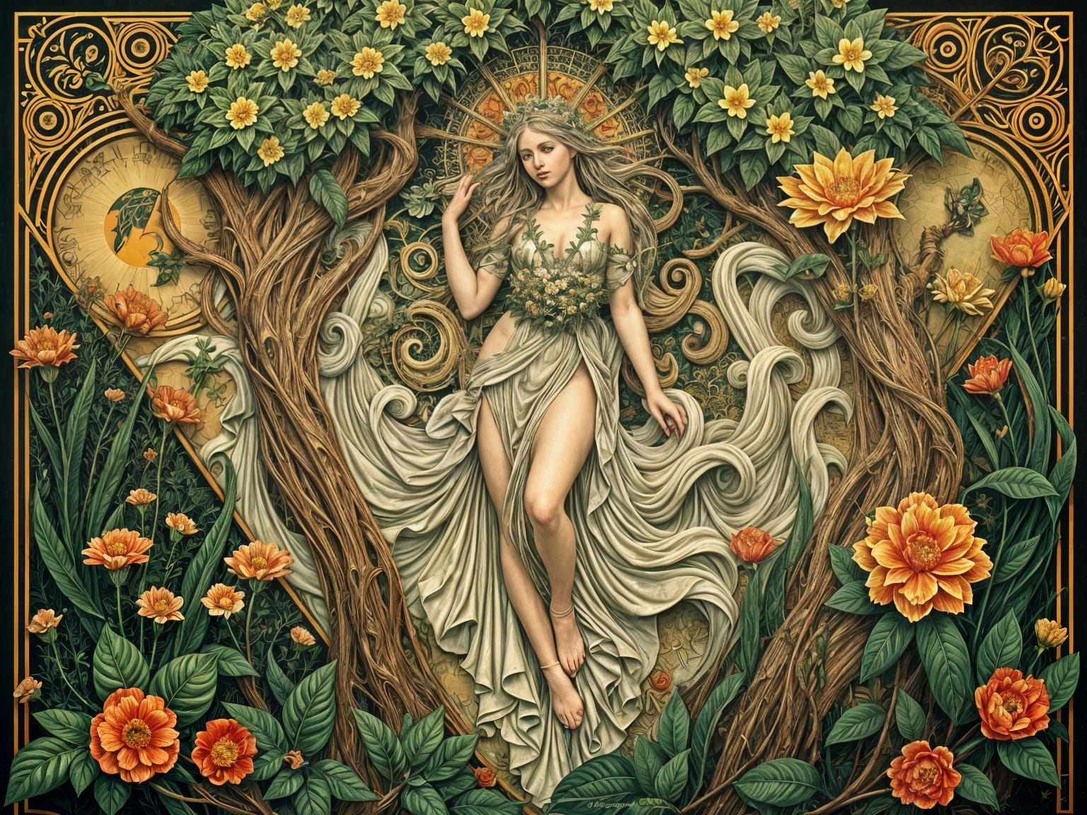 Gaia, Mother Earth, Greek mythology Earth goddess, shrubbery and floral motif, art deco, Alphonse Mucha, ...  by @Firedrake