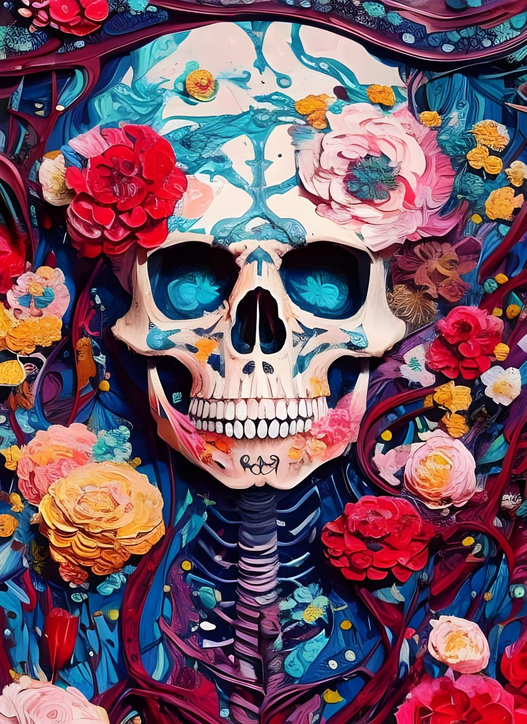 Floral Skeleton Portrait in Anime Key Visual Style