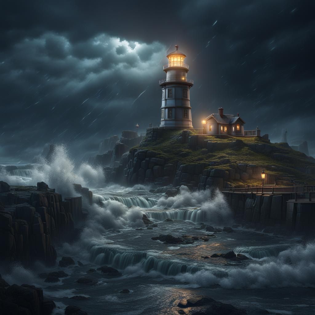 Hyperrealistic, light house, on a stormy night   by @Baby Love