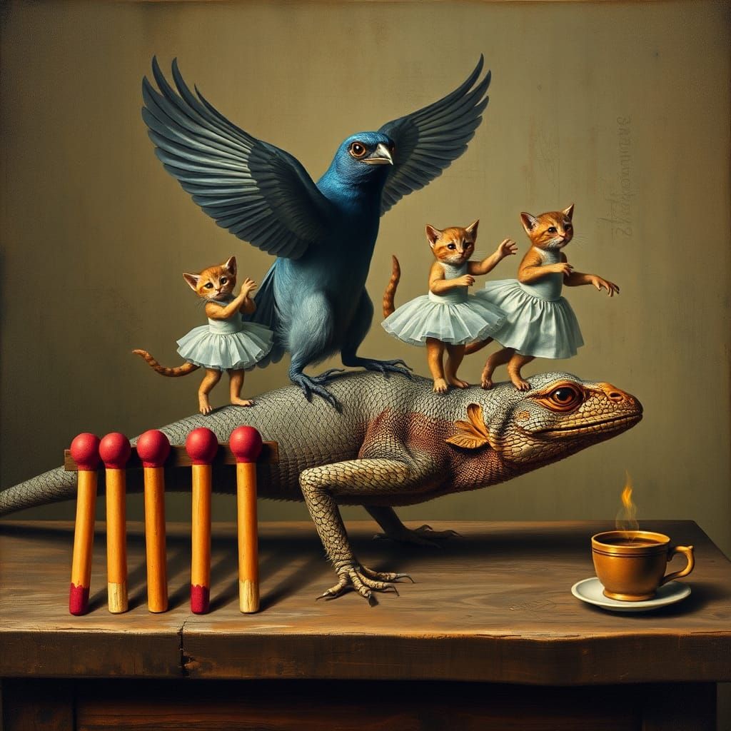 A surrealist painting in the style of Albrecht Dürer. A giga...