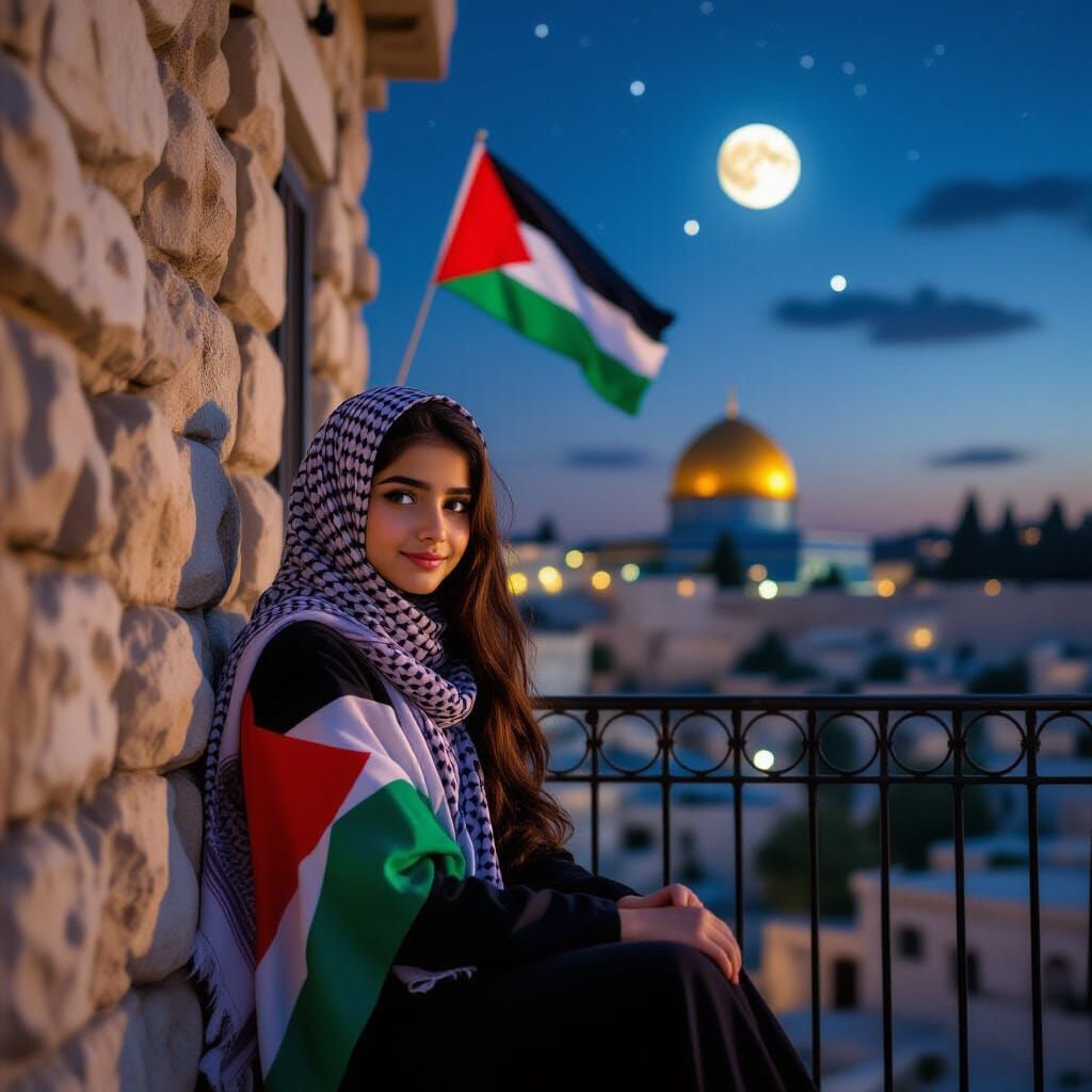 Prompt (English):
‏Ultra-realistic image of a Palestinian woman standing on a balcony in Jerusalem, gazing at the moonlit Dome of the Rock. ... - Start Image 2