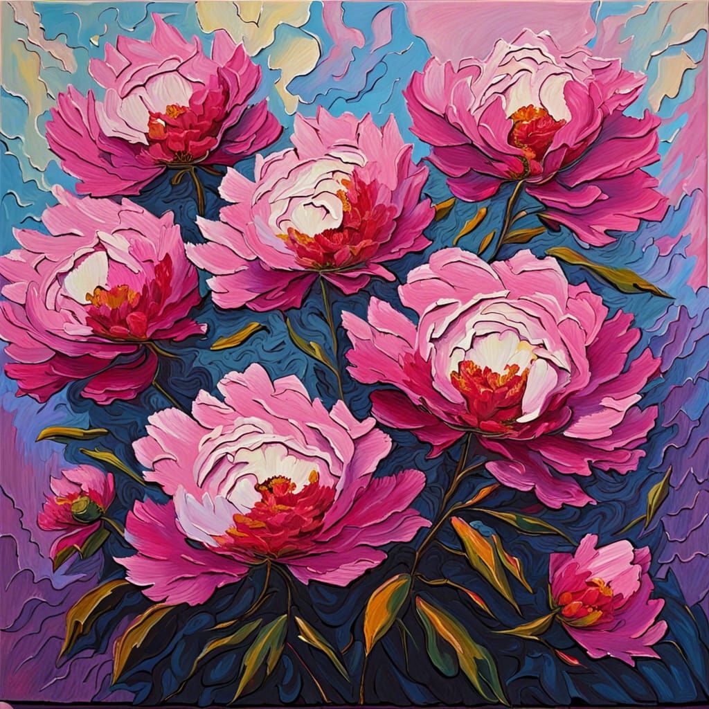 Heavy impasto, light and dark pink peonies bush, neo-impressionism ...