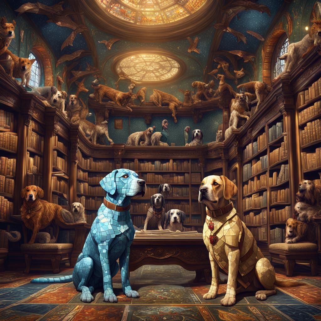 Mosaic Dogs in Library: Detailed Matte Painting