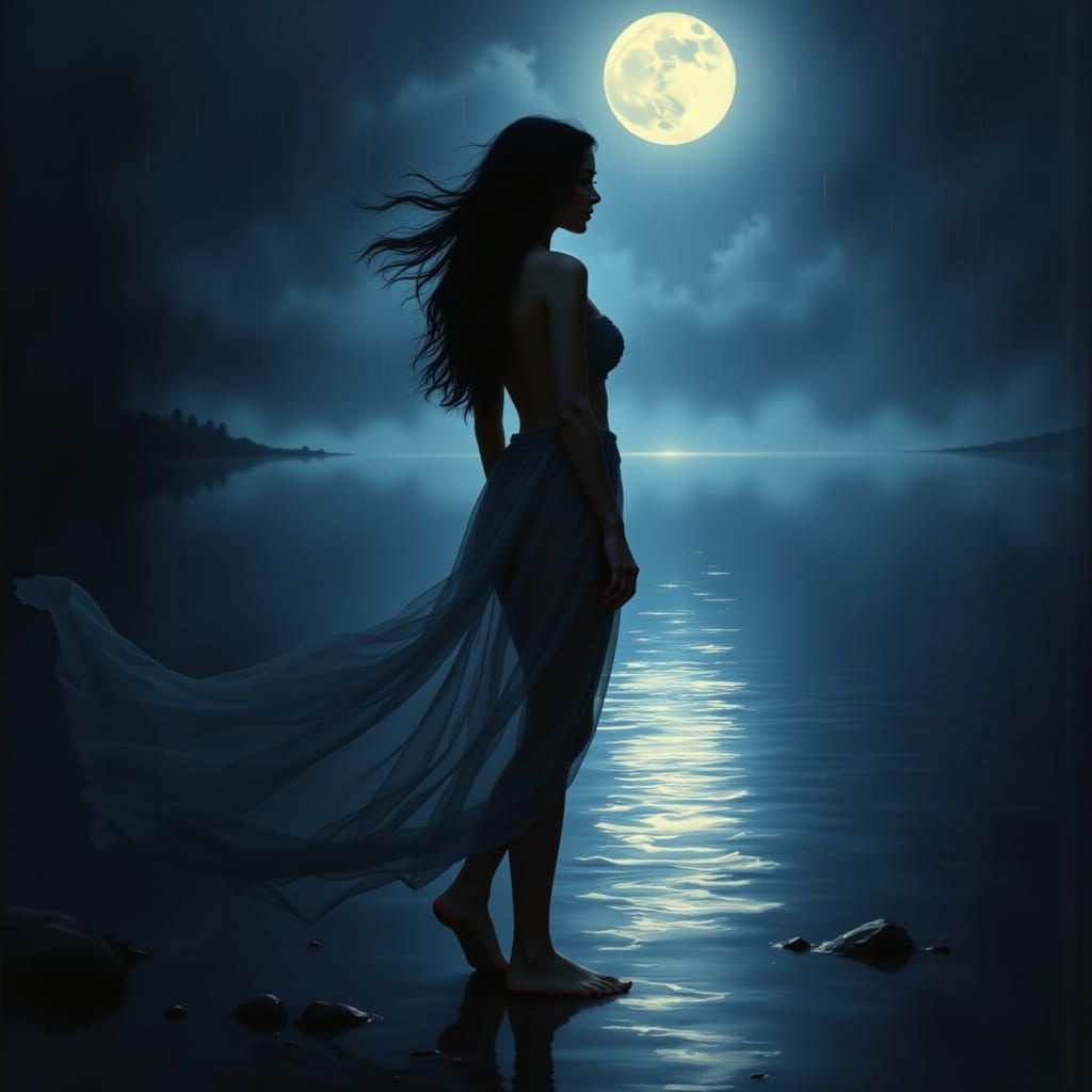 <lora:Heart:1.0> A beautiful exotic woman with a willowy physique stands barefoot by a river Bank at night, a<lora:Heart:1.0> broken heart f...