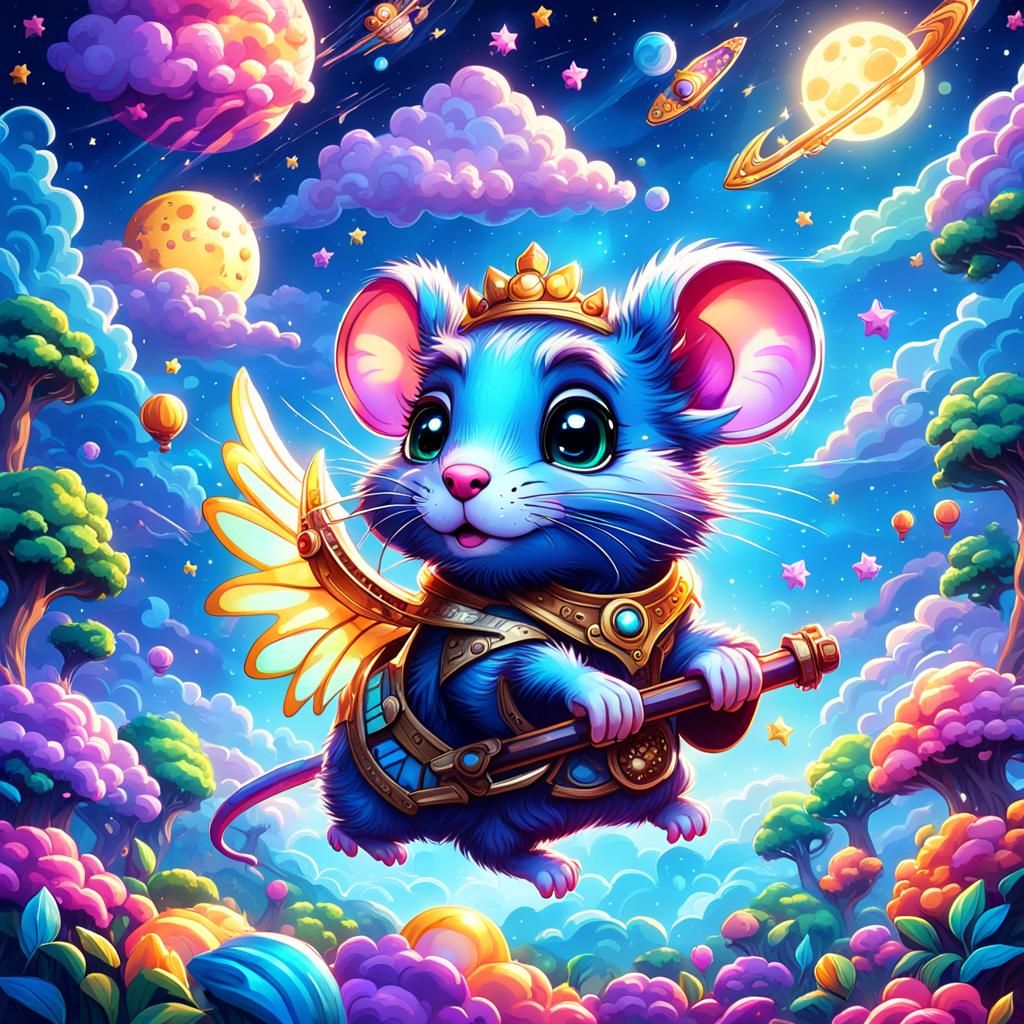 Cute chibi rat flying in night sky Lisa frank style