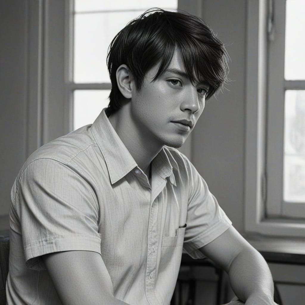 Man in Softly Lit Room, Realistic Anime Style