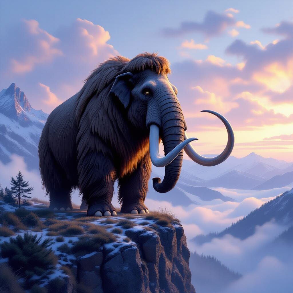 imagine a majestic woolly mammoth with intricate Celtic knot patterns adorning its tusks, standing proudly ...  by @Joe