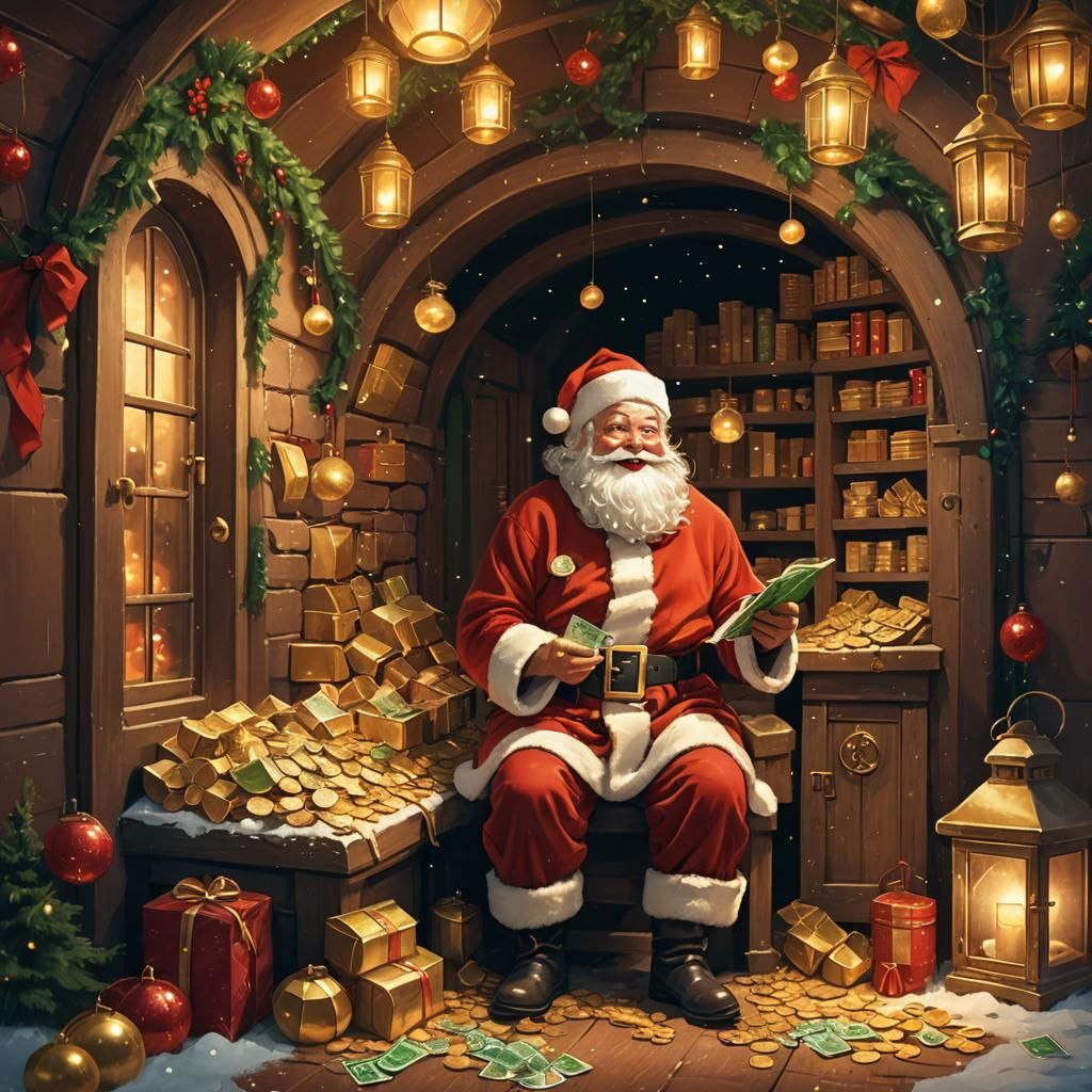 Smiling Santa Claus, sitting in vault ,counting his money Co...