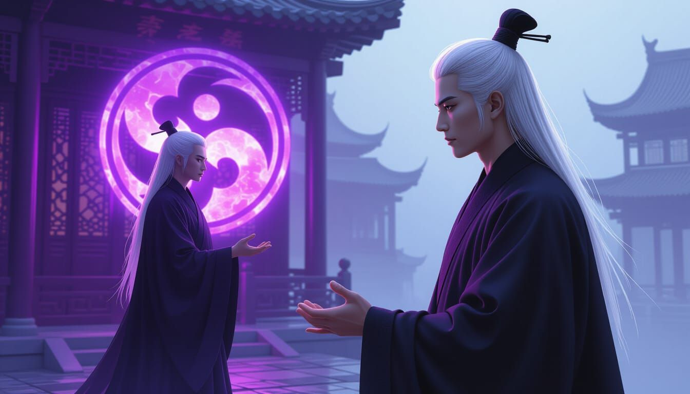Mystical Taoist Priest Before Glowing Tai Chi Symbol