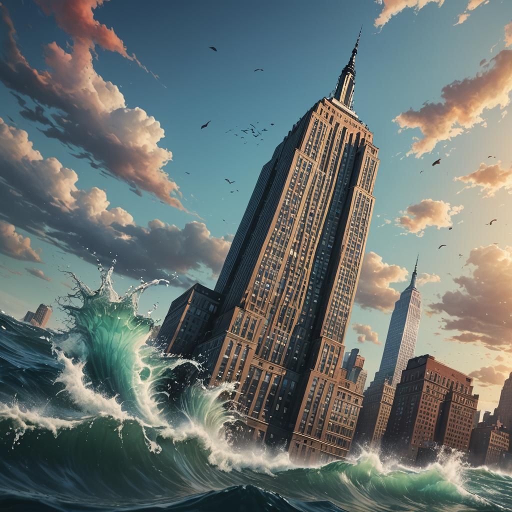 The empire state building sticking upside down in the ocean