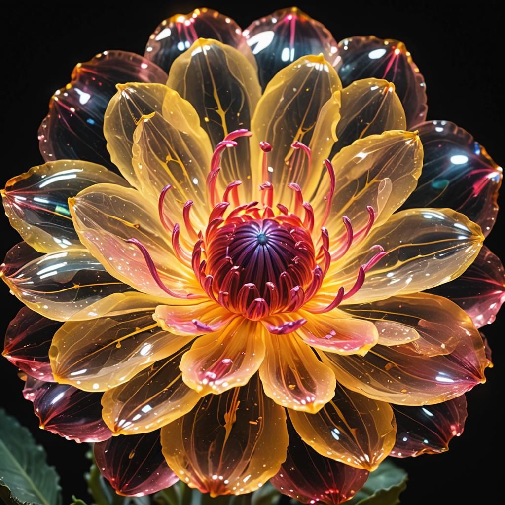 one big Flower, translucent as if made of precious stones, colors yellow, pink, red, mysteriously glowing ...  by @Floh
