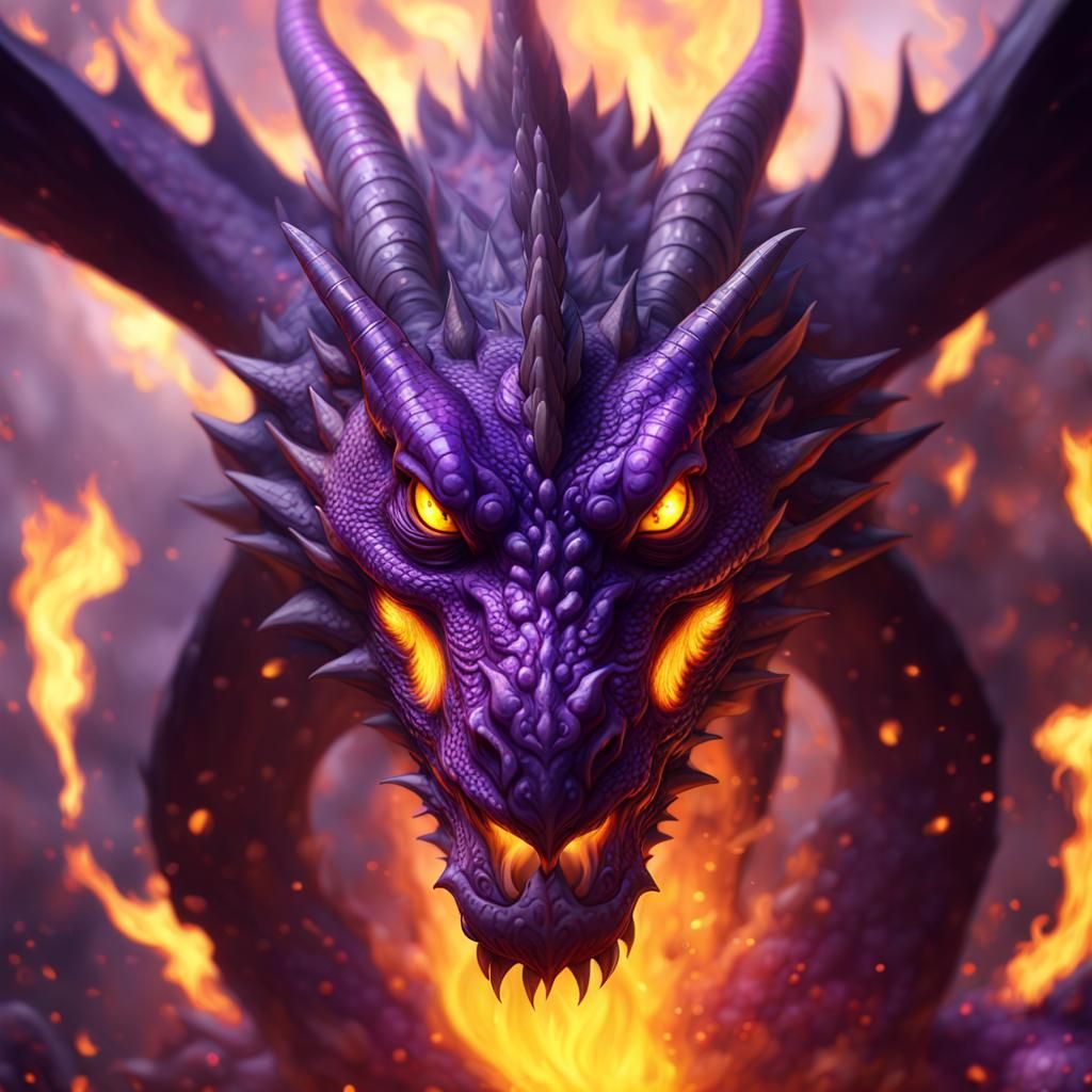 gray and purple dragon, four glowing purple eyes, fire background. - AI ...