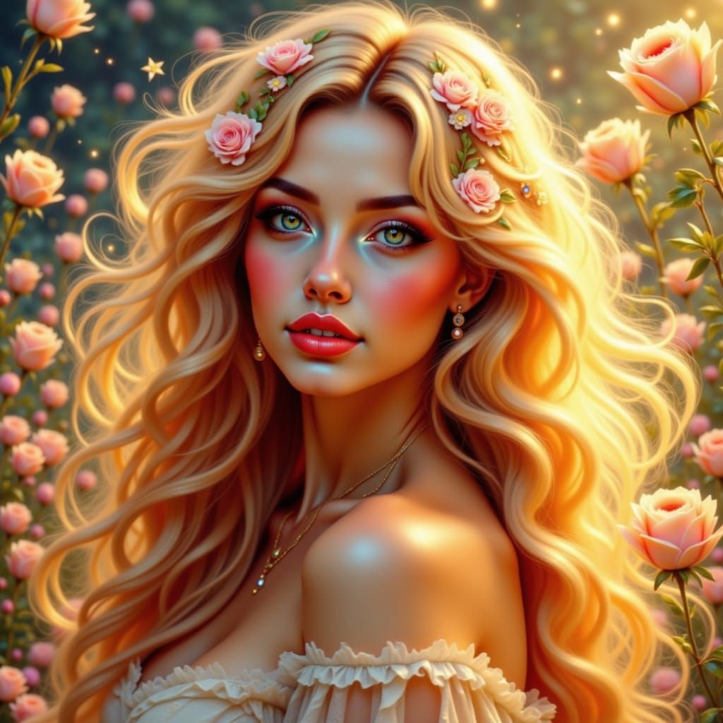 Digital Goddess with Ethereal Hair and Shimmering Eyes