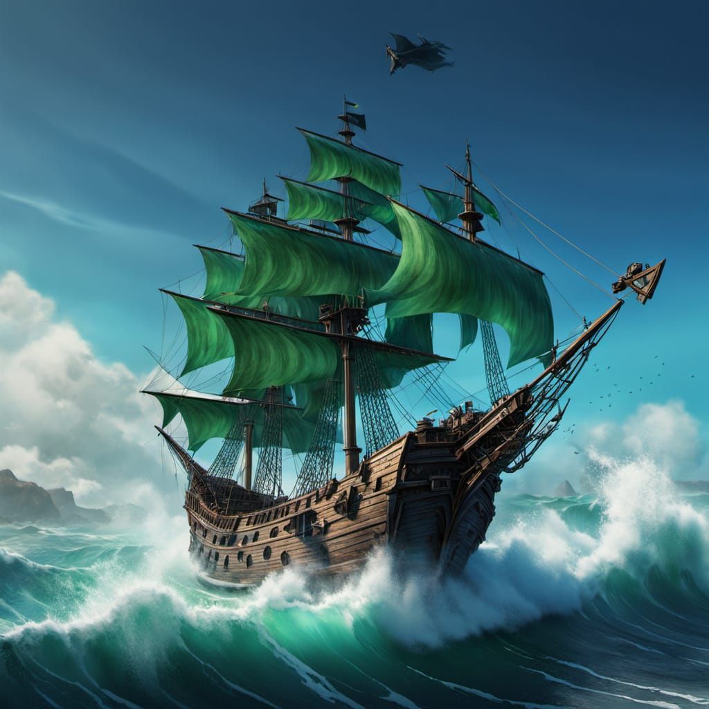 Pirate Ship Emerging from Book on Crashing Waves