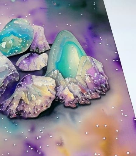 splashy detailed crisp watercolor of purple crystals and geo...
