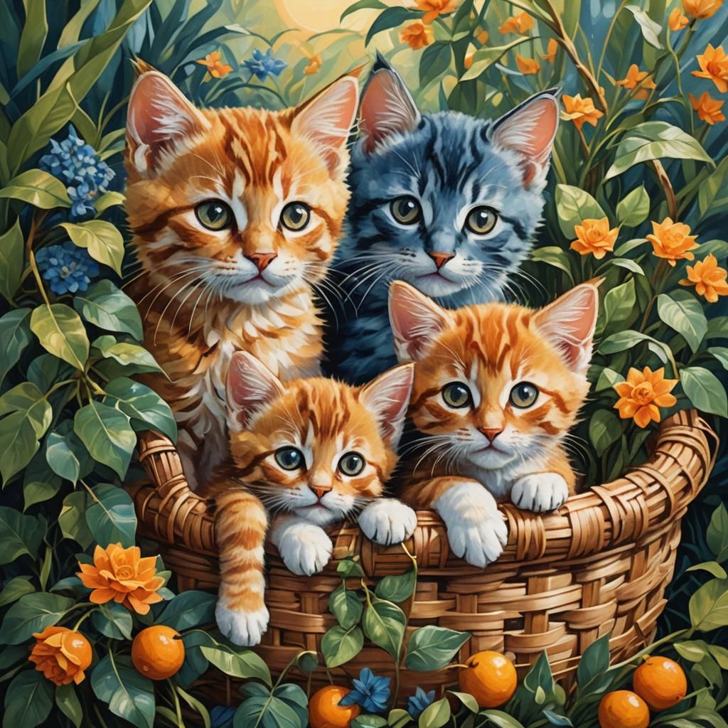 3 cute colorful fluffy kittens sitting in a basket