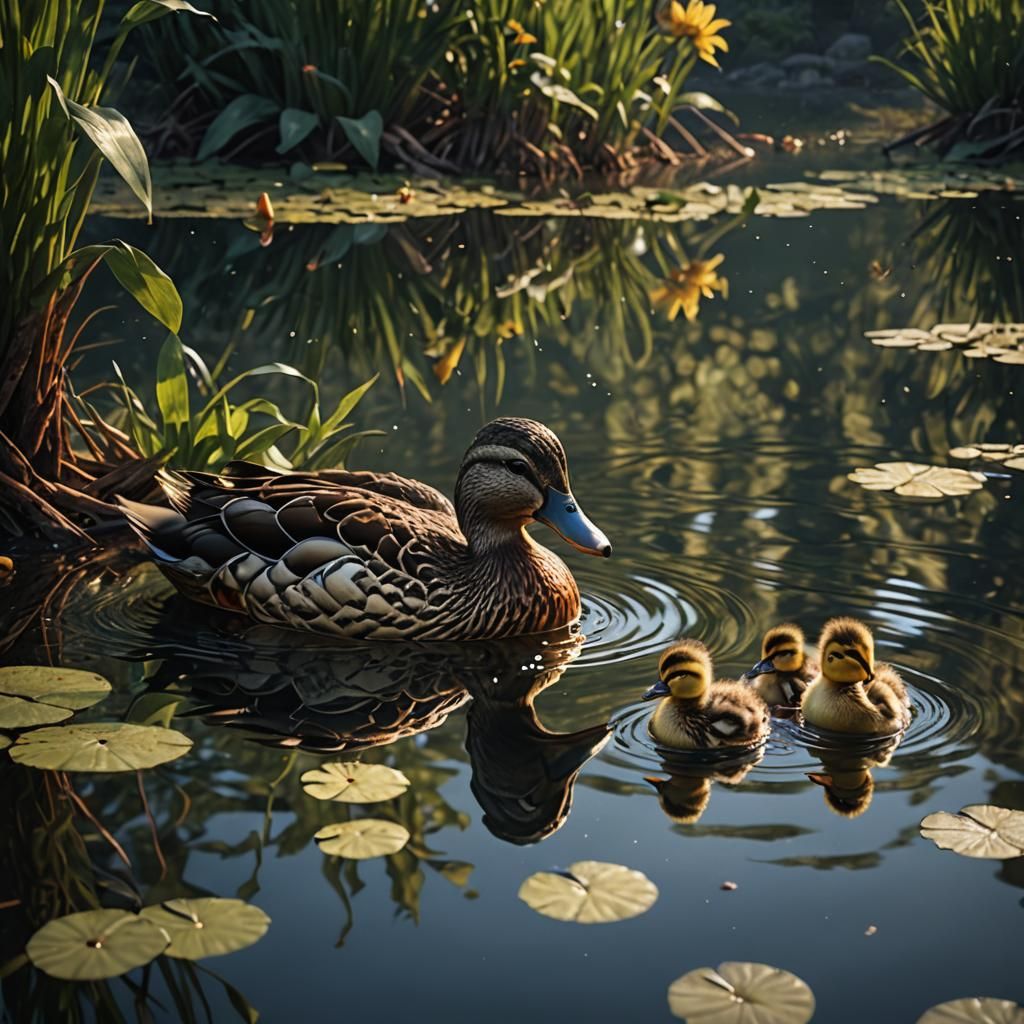 an ultrarealistic photo of a duck and her chicks swimming on...