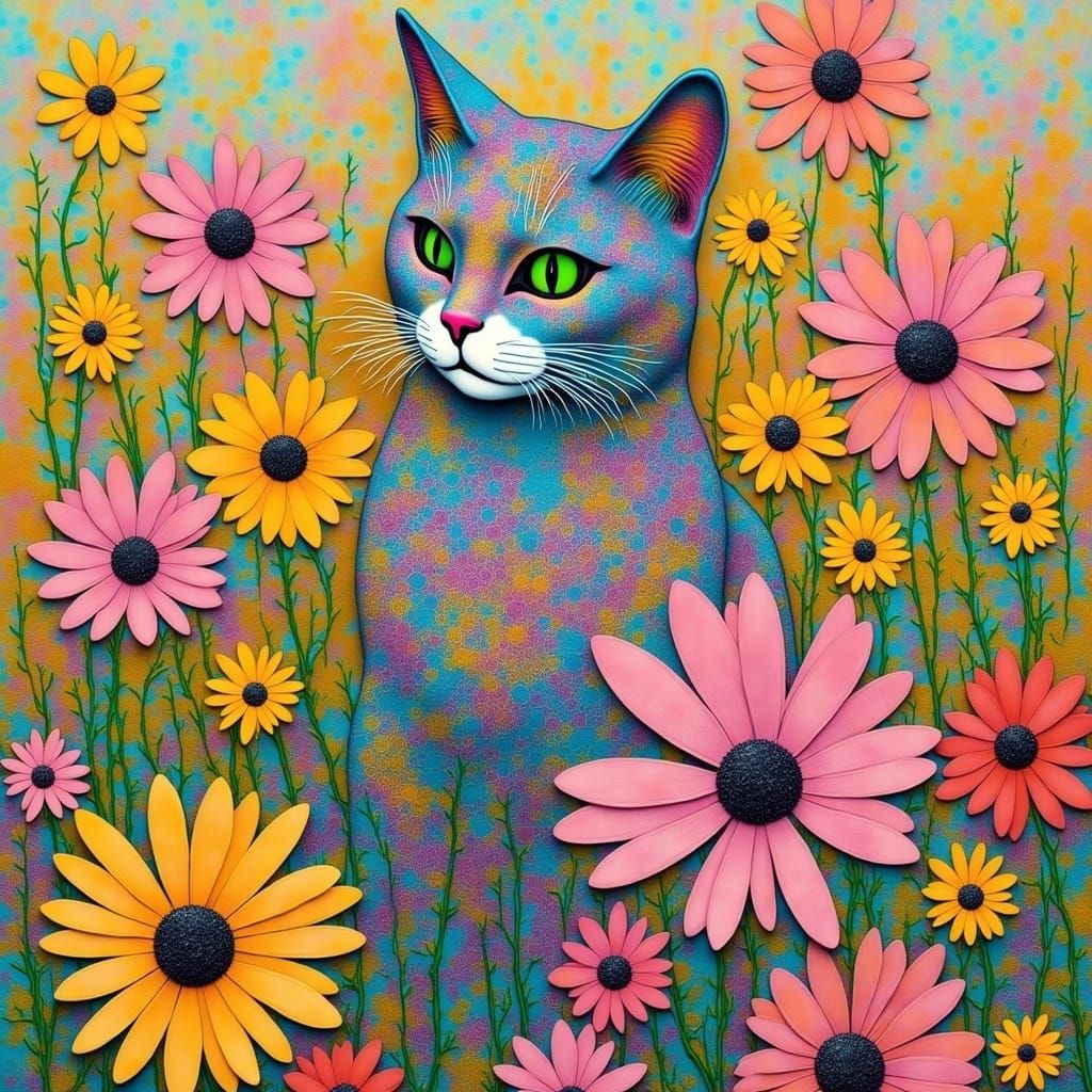 <lora:Gelliprint:1.0>  A surreal, dreamlike scene of a cat sitting regally amidst a field of oversized, vibrant daisy flowers, inspired by t...