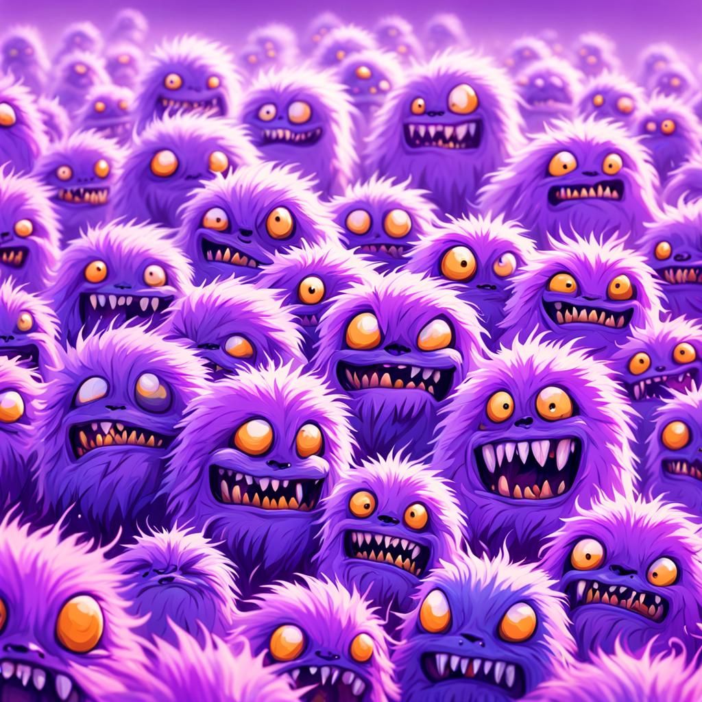 A army of tiny fluffy cute purple people Eaters rolling towards you on ...