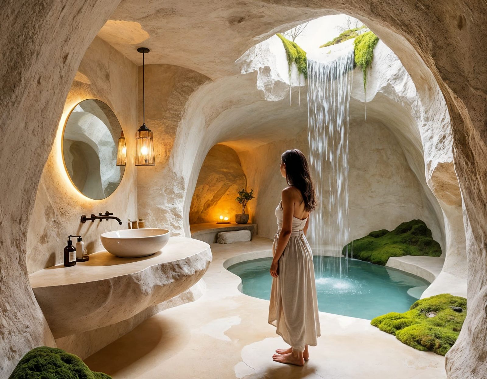 Woman standing in cave shaped bathroom in wabi-sabi style with unexpected waterfall   by @Fokje