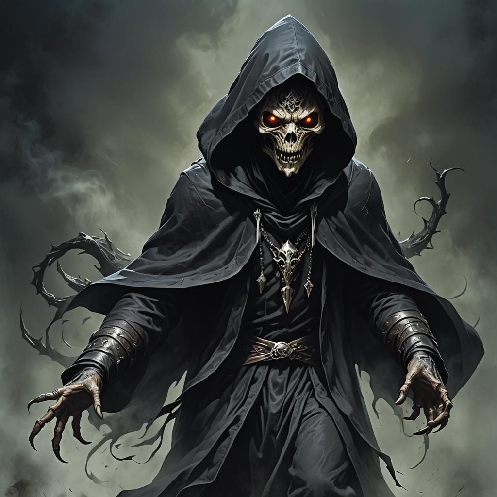 a hovering hooded horrafiying humanoid monster with dark mag...