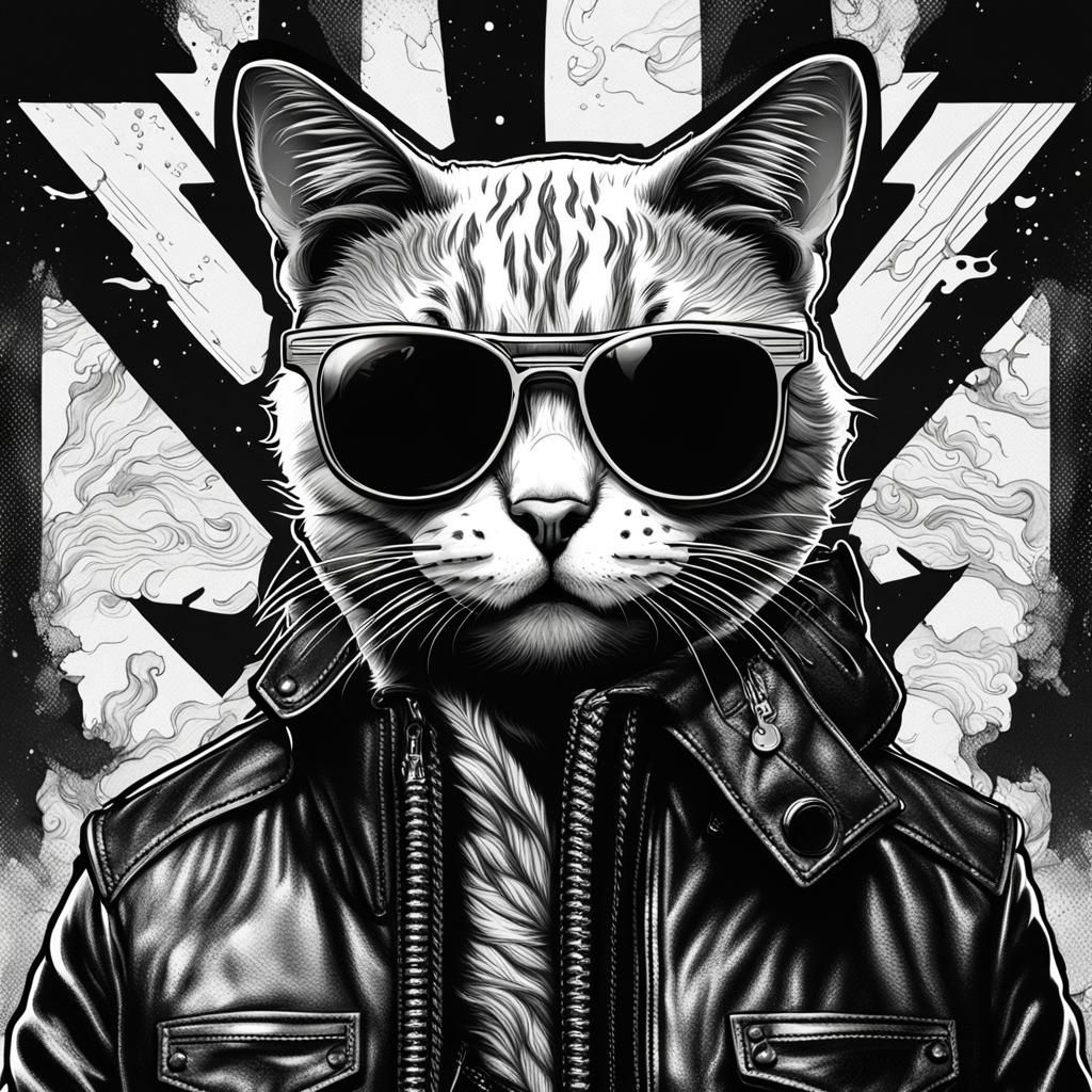 Black and white drawing of a cat wearing sunglasses and leat...
