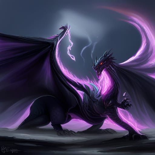 A black dragon with black and purple fire, wings, erupting from the ...