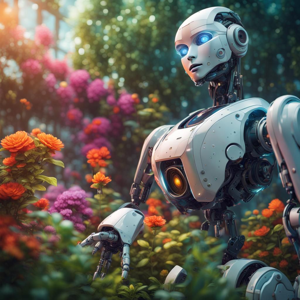 Robotic plants growing in a robotic garden with robotic blooms AI