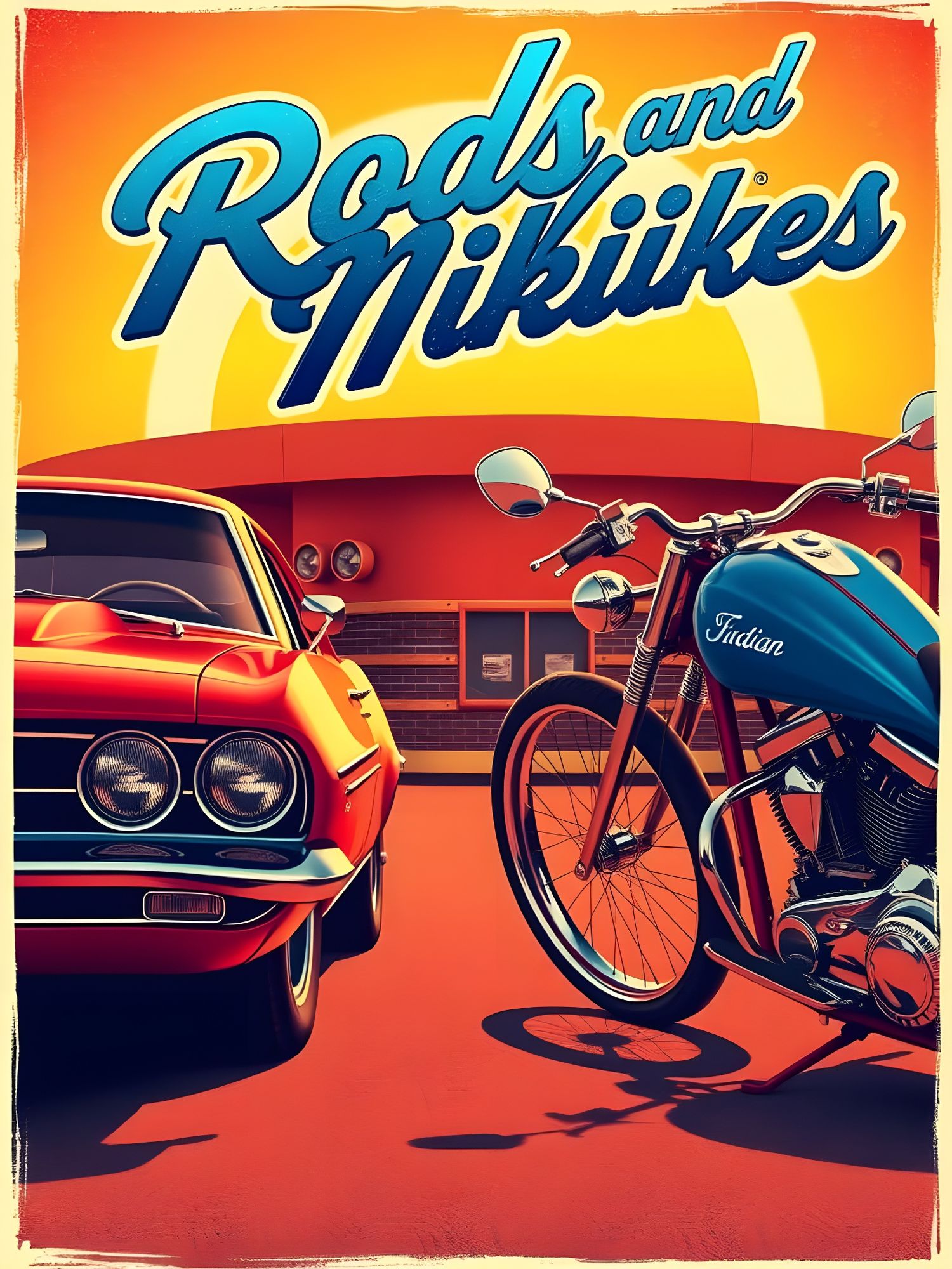 Poster of a motorbike and cars event. American car on the left and cruiser bike on the right. Big sign Rods and bikes on the top.