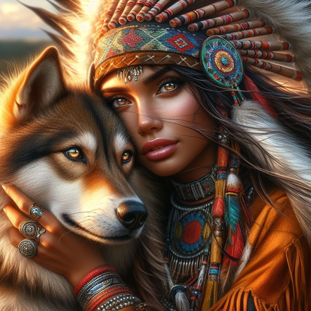 Friendship: Native American Indian and her Wolf - AI Generated Artwork ...