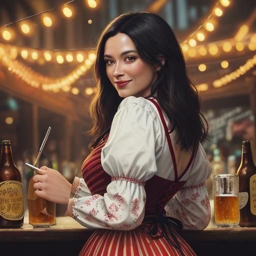  A beautiful, confident Bavarian woman, in a traditional Dirndl-style mini dress with a...